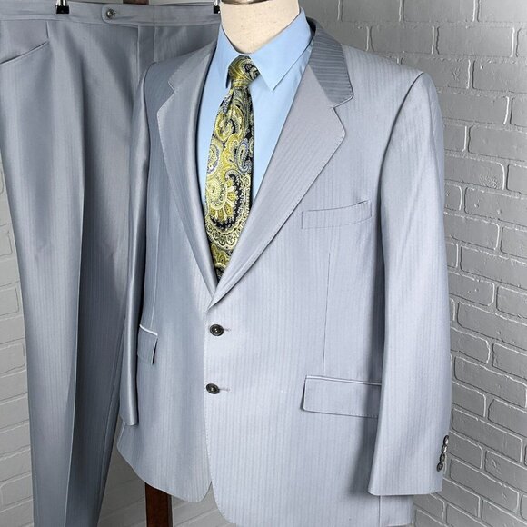 Phoenix Clothes Suit Men 46 42Wx30.5L Gray‎ Embossed Stripe Tailored 70s 80s
